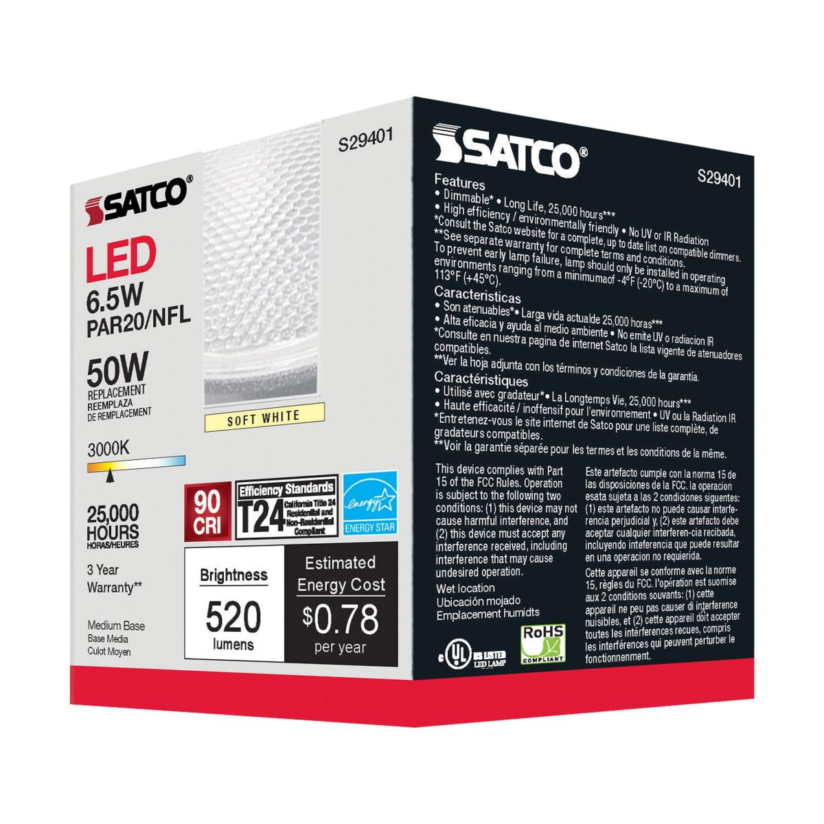 SATCO S29401 PAR20 E26 Medium Base LED Bulb 6.5W 120V 3000K (6 Pack)