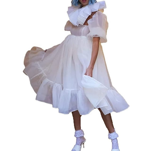 Women Summer Puffy Tulle Princess Dress Solid Color Square Neck Short Sleeve Ruffle Hem A-Line Dress Plus Size