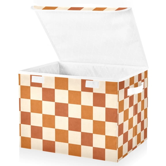 Yayeee Collapsible Cube Storage Bin with Lid Fabric Closet Decorative Basket with Handles, Rusty Orange Plaid
