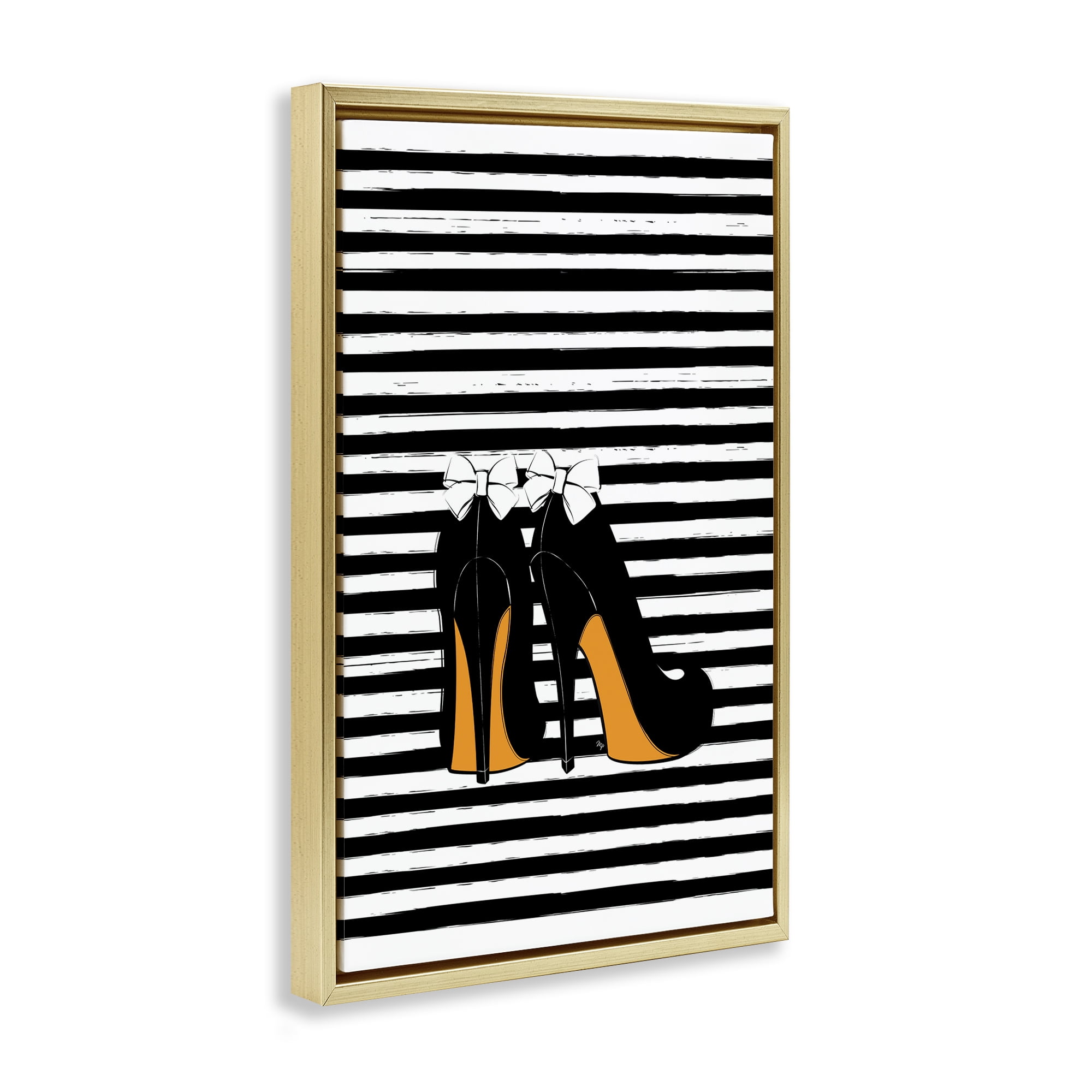 Stupell Industries Bow Heels on Stripes Beauty & Fashion Painting Gold Floater Framed Art Print Wall Art, 17 x 25