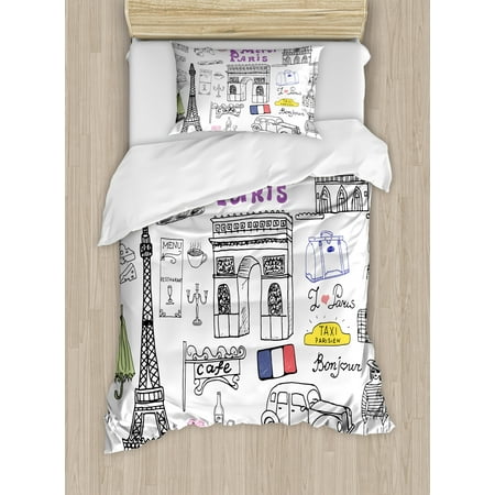 Doodle Twin Size Duvet Cover Set, Paris Culture in Doodle Style Drawing Eiffel Tower Beret Croissant Blue Cheese Taxi, Decorative 2 Piece Bedding Set with 1 Pillow Sham, Multicolor, by