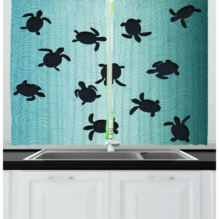 Curtains Marina Marine Curtains 2 Panels Set, Baby Sea Turtles Swimming Silhouette from the Bottom of Ocean Underwater Display, Window Drapes for Living Room Bedroom, 55W X 39L Inches, Teal Dark Blue, by Ambesonne ()