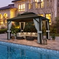 Pamapic 10 ft. x 12 ft. Brown Metal Hardtop Gazebo with Curtains