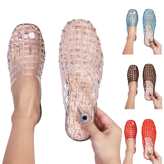 Tqyyweavej Women's Grid Cutout Jelly Mules Slip On Closed Square Toe Summer Slide Sandals Breathable Solid Color Leisure Flat Sandals
