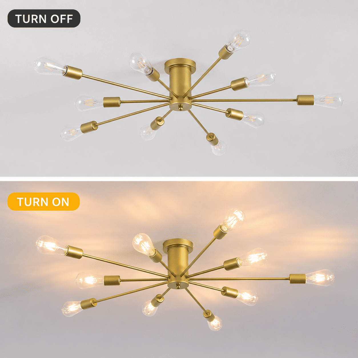 Garwarm 10-Light Gold Sputnik Chandelier, Modern Semi Flush Mount Ceiling Light, Industrial Ceiling Lighting Fixture for Dining Room, Living Room, Bedroom, Kitchen, Foyer
