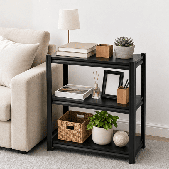 Book Shelf Wide Bookshelves 3-Tier Metal, Industrial Adjustable Unit, Black for Living Room Office (31.5" H * 31.5" W * 13.7" D)