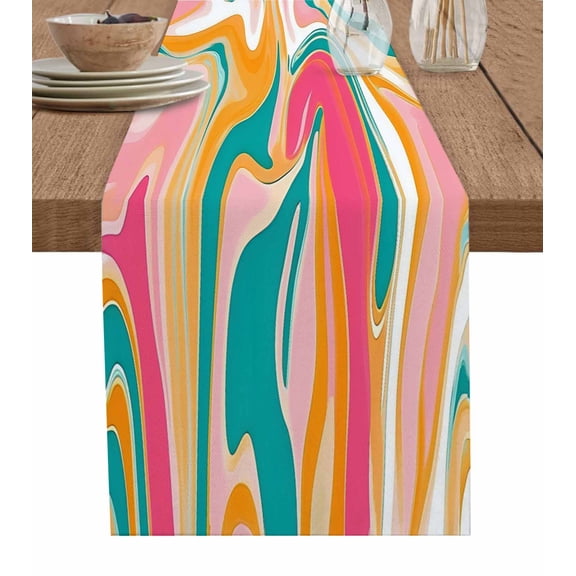Ldtrchee Colorful Moire Table Runner 60 Inches, Art Abstract Geometric Modern Bed Runner Dresser Scarves Tabletop for Indoor Outdoor Parties/Ceremony/Banquet, 13" x 60"