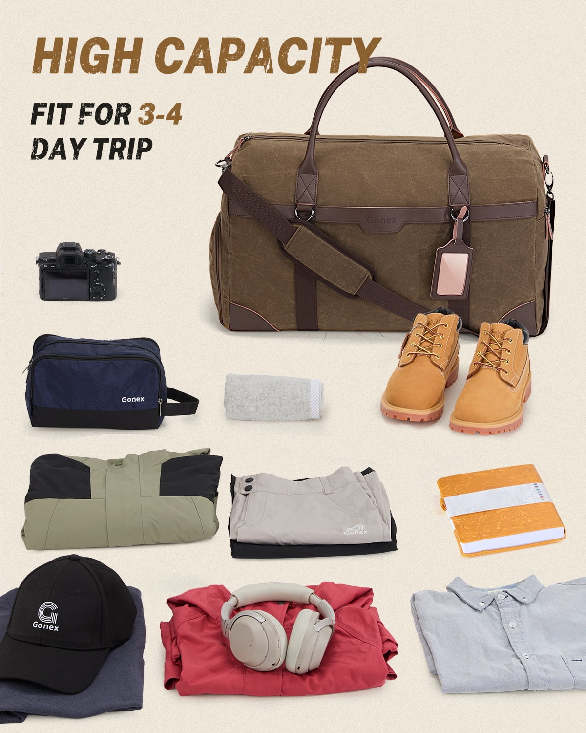 Gonex Waxed Canvas Duffle Bag, 55L Water-Resistant Travel Duffel, Vintage Overnight Weekender Bag with Shoes Compartment for Men & Women