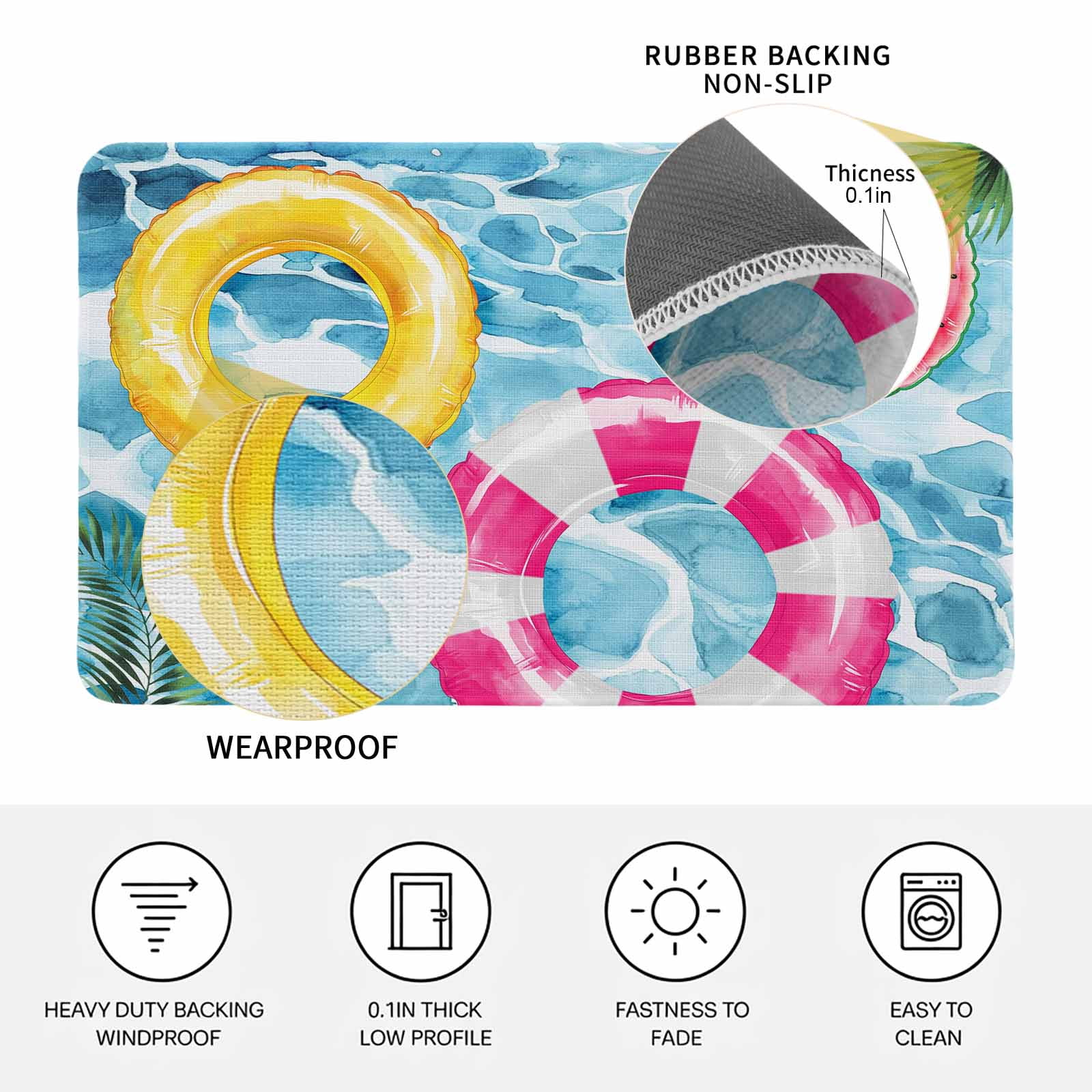 Summer Blue Pool Doormat Outdoor Entrance 24"x36", Ocean Beach Swimming Ring Vintage Absorb Moisture Dirt Door Mats, Non-Slip Rubber Backing Floor Mats Indoor, Low-Profile Front Door Rugs