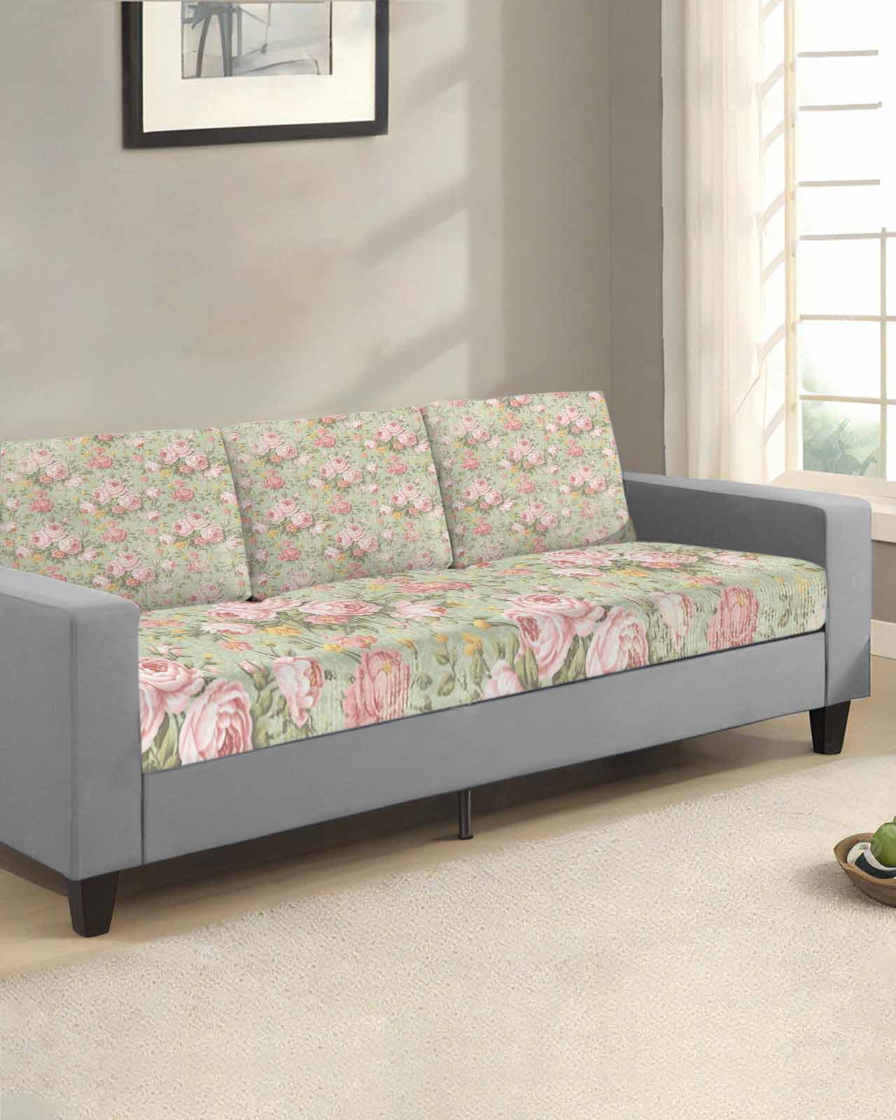 Pink Flowers Couch Cushion Covers,Stretch Seat Cushion Covers for Sectional Sofa,Green Country Botanical Floral Leaves Loveseat Sofa&nbsp;Slipcovers Furniture Protector with Elastic Straps 1Pcs, M