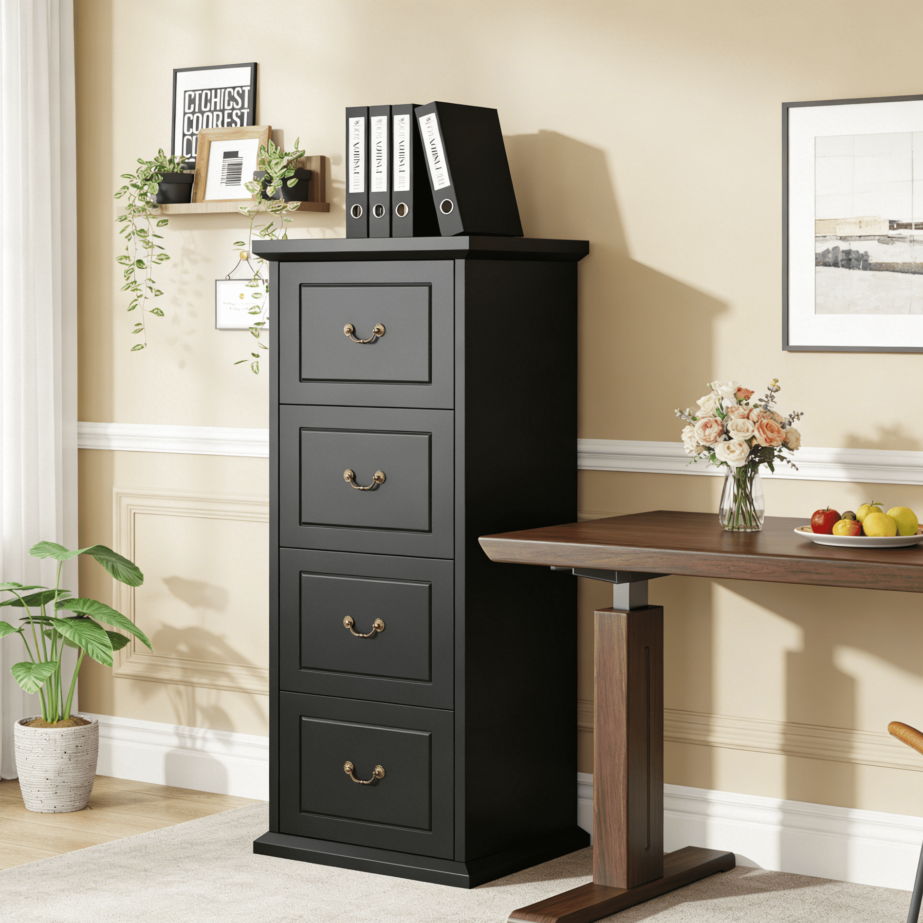 Fnova 4-Drawer File Cabinet, Tall Wood Filing Cabinet for A4/Letter Size, Large Office Drawer Chest, Rustic Storage Organizer Unit for Home Office, Black