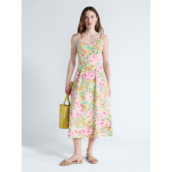 Free Assembly Women's Cotton Panel Midi Dress with Sweetheart Neckline, Sizes XS-XXL
