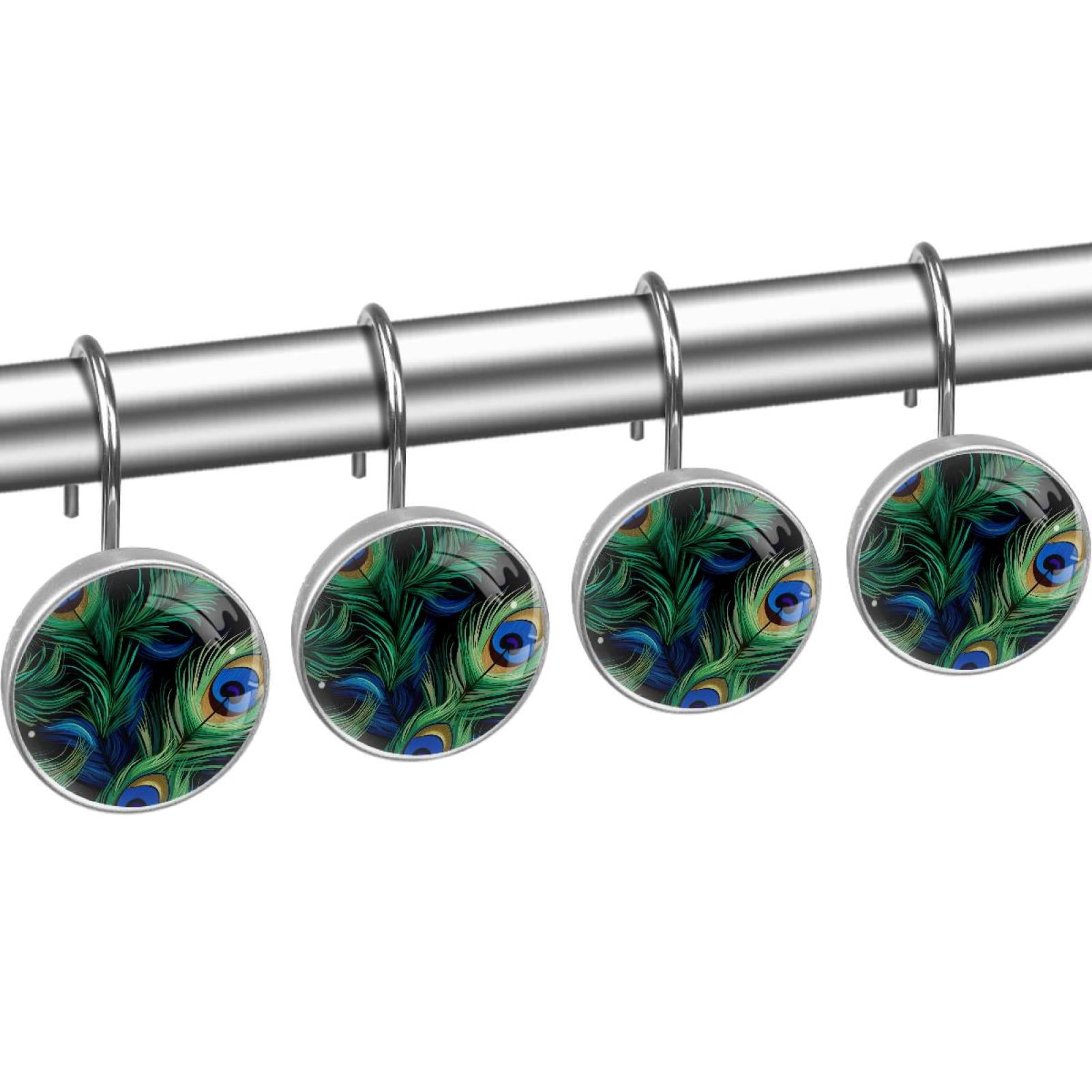 Peacock Feather Shower Curtain Hooks Round Crystal Glass, Set of 12 Shower Curtain Rings - Shower Hooks for Curtain Shower Rings