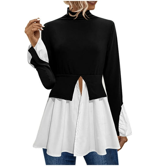 Womens Long Sleeve Turtleneck Shirts Flowy Ruffled Patchwork Blouses Elegant Tunic Skirts Work Tops