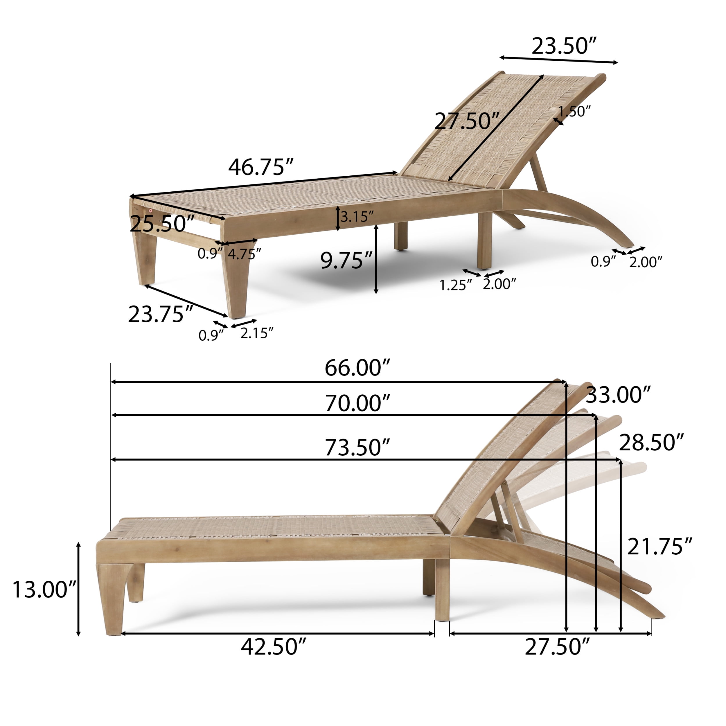 Shane Acacia Wood and Flat Wicker Outdoor Chaise Lounge, Light Brown and Light Multibrown