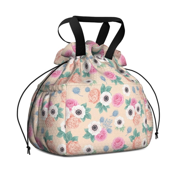 Pioneer Flower Floral Print Pattern Drawstring Lunch Bag Women - Drawstring Lunch Bag Insulated for Work Office - Stain-Resistant Large Lunchbags for Women with Multi-Pockets
