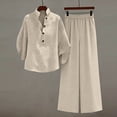 thumbnail image 5 of DYTTDG Women's Linen Blend 2-Piece Outfit | V-Neck Batwing Sleeve Top & Wide Leg Pants Casual Set, Loose Fit Summer Wear, 5 of 8