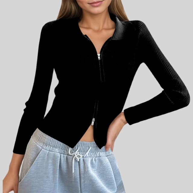 MHFRRA Cárdigan de Punto Acanalado con Doble Cremallera para Mujer, Top Corto Ajustado con Cuello Negro