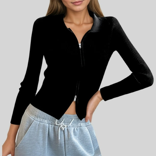 MHFRRA Cárdigan de Punto Acanalado con Doble Cremallera para Mujer, Top Corto Ajustado con Cuello Negro