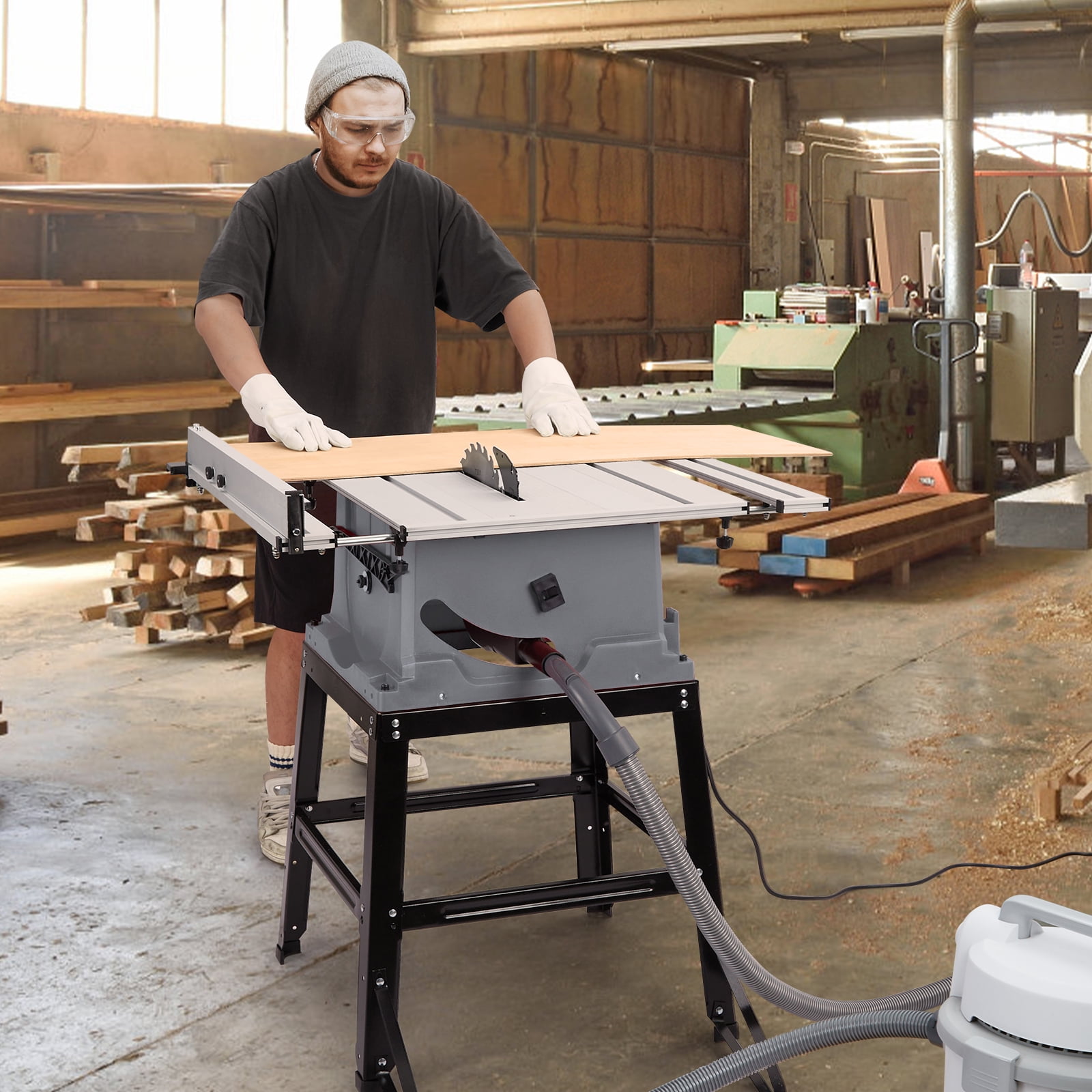 Table Saw, 10 Inch 15A Multifunctional Saw with Stand & Push Stick for Jobside, 90° Cross Cut & 0-45° Bevel Cut, Cutting Speed Up to 5000RPM, Adjustable Blade Height, for Woodworking