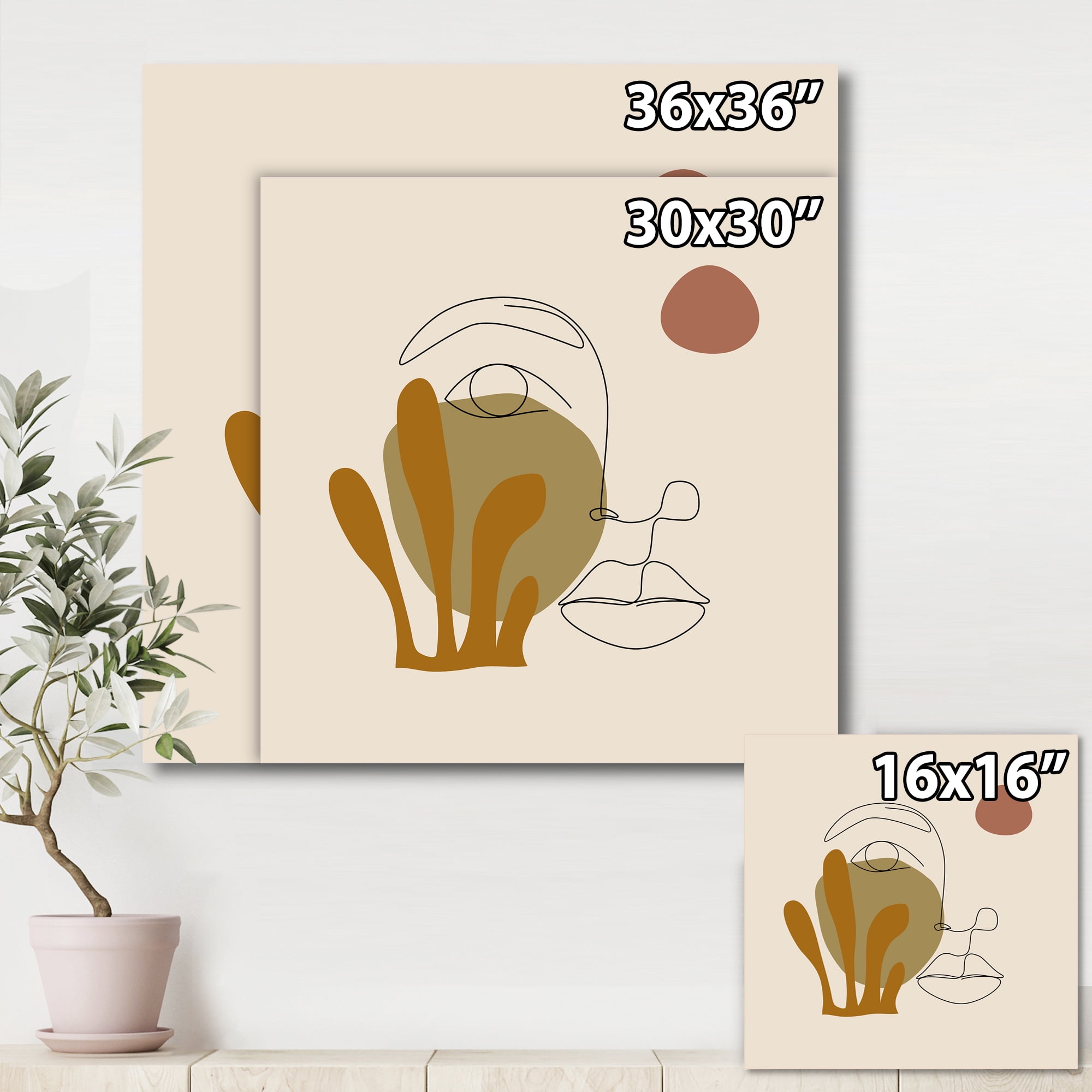 Designart ' One Line Art Portrait of Female In Terracotta Tones ' Modern Canvas Wall Art Print