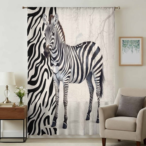 Vintage Zebra Sheer Curtains 72 Inches Long, Modern Art Animal Watercolor Light Filering Curtains, Breathable Simi Curtain Privacy Drapes for Living Room Bedroom Lightweight Window Treatment