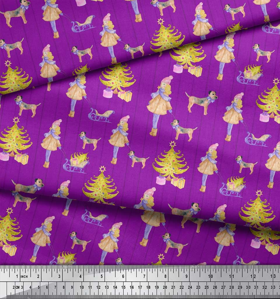 Soimoi Purple Rayon Crepe Fabric Women,Gift Box & Tree Christmas Print Fabric by the Yard 46 Inch Wide