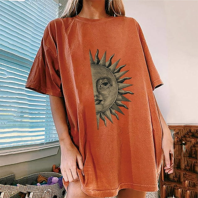 SMihono Hauts pour Femmes Été Chic Décontracté Mode pour Femmes Décontracté Soleil Lune Imprimé Crâne Col Rond Manches Courtes Haut T-shirt T-shirt Oversize pour Femmes