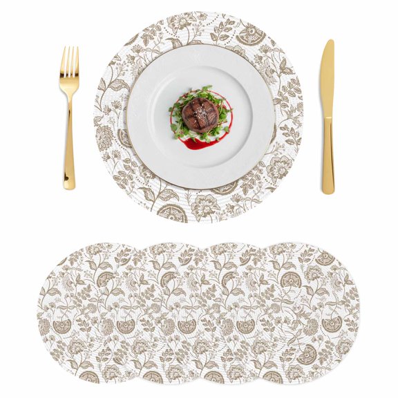 Khaki Farmhouse Round 13 Inch Placemats Set of 4, Floral Floral Plant Leaf Vintage Spring HeatResistant Non Slip Place Mats for Dining Table, Wipeable Braided Kitchen Table Mats for Housewarming