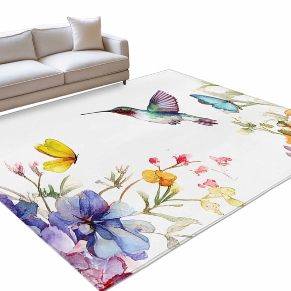 Area Rug 5x7ft Spring Flowers Washable Area Rugs for Living Room Butterfly Bird Non Slip Floor Carpet Mat for Kitchen Entryway Bathroom Office Home Decor