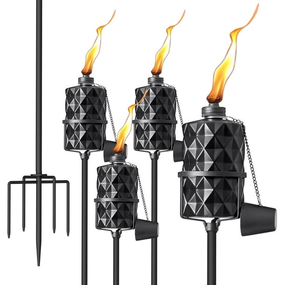 Glass Garden Torch Set of 4, 13.5 oz Outdoor Torch Garden Décor, 60-Inch Upgraded Citronella Torches with 5-Prong Grounded Stake for Party Patio Pathway