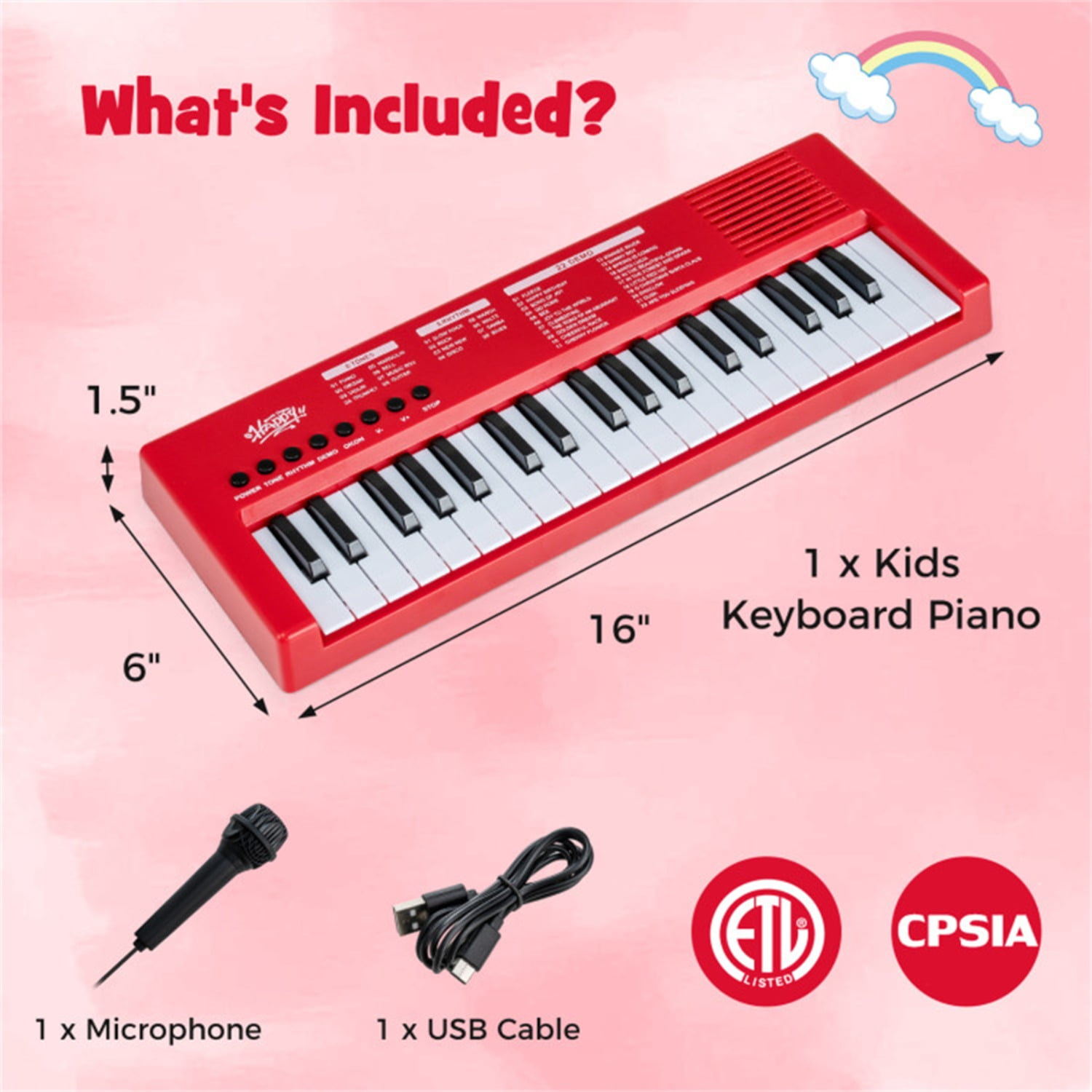 Red 37 Keys Kids Electronic Keyboard with Microphone, 8 Tones & 8 Rhythms Piano Toy for Ages 3+