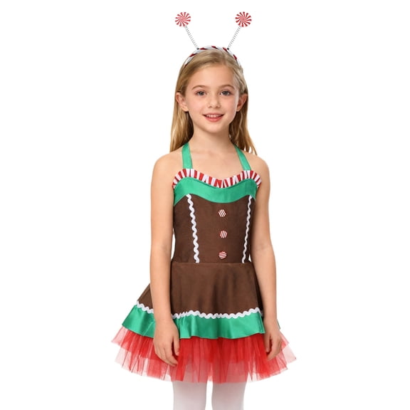 YiZYiF Girls Christmas Gingerbread Dress with Hair Hoop Holiday Dance Cookie Role Play Outfit Brown 10