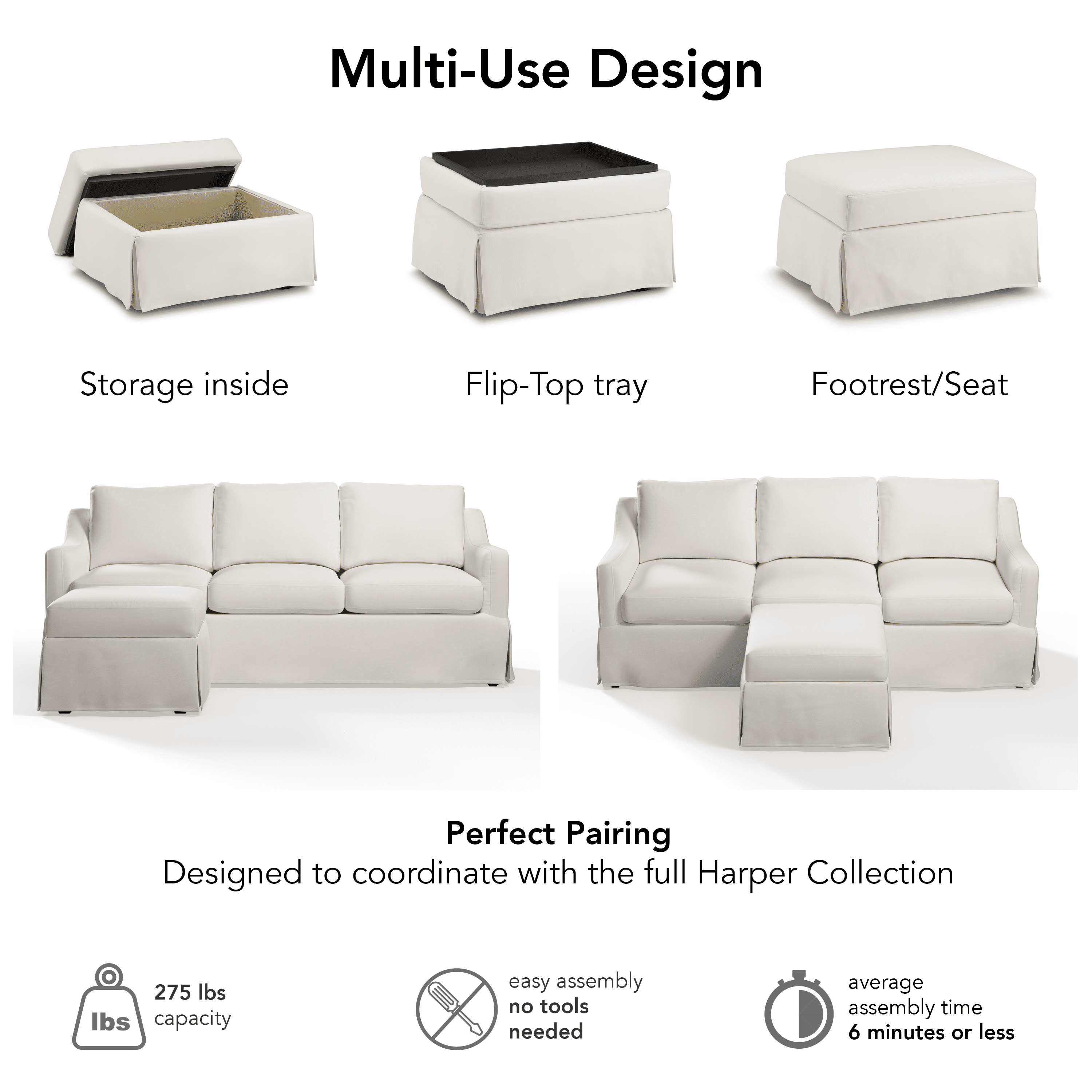 Bush Home Harper Storage Ottoman with Tray and Slipcover in Ivory Basketweave Fabric