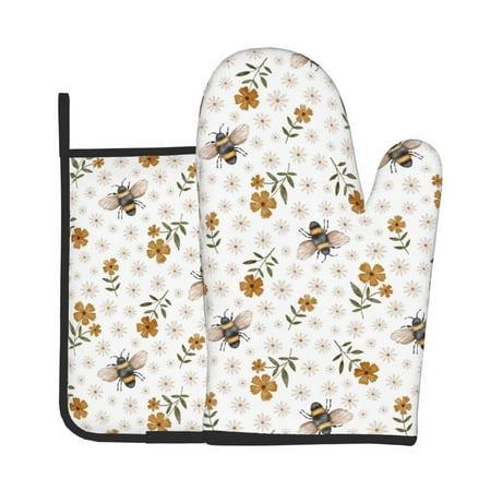 

KLL Bees And Flowers Pattern Oven Mitts and Pot Holders 2pcs Sets for Kitchen Oven Mitt Heat Resistant 536°F Oven Gloves for Kitchen Cooking and Baking