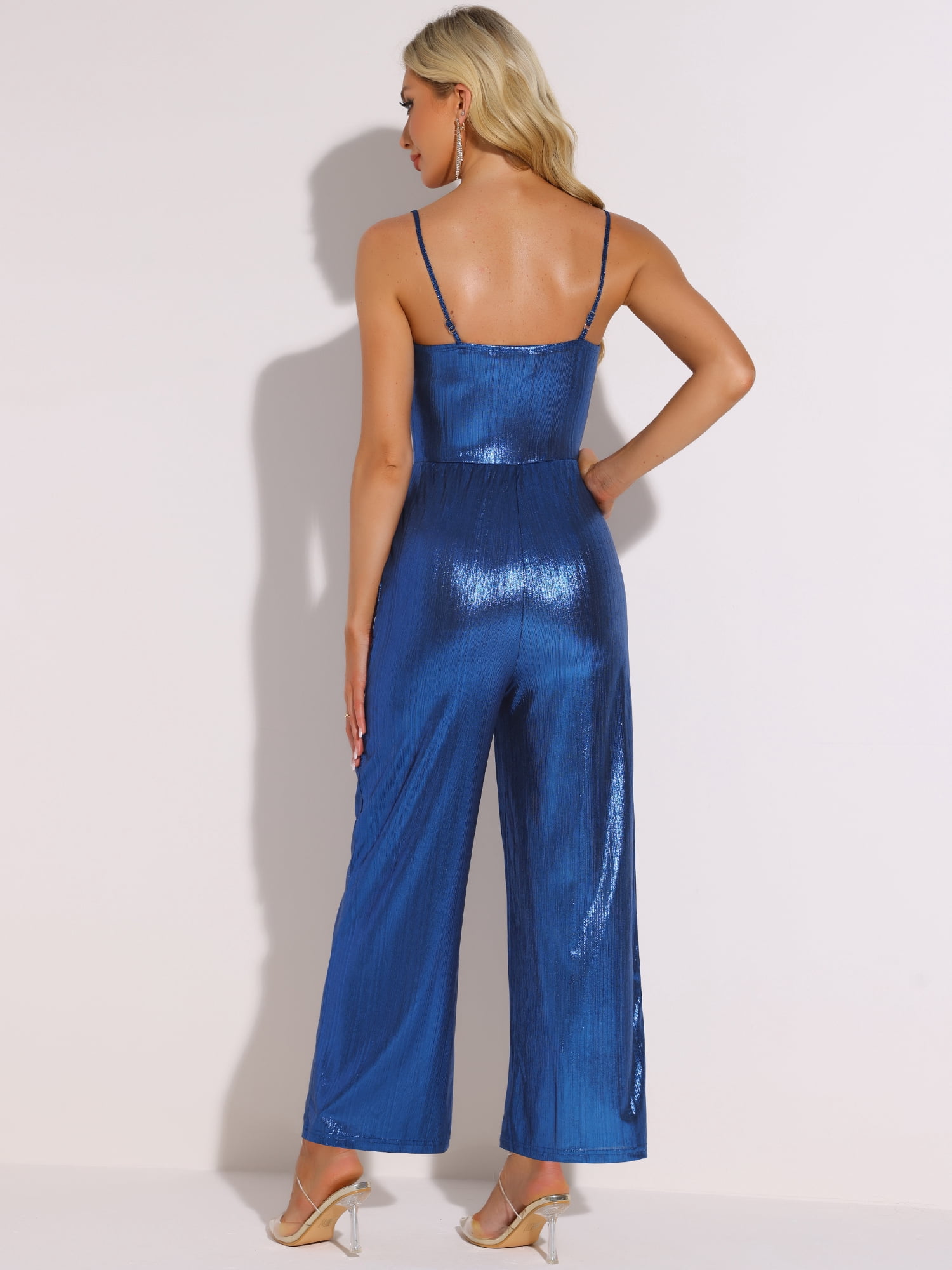 DARING DIVA Women's Glitter V Neck Sleeveless Spaghetti Strap Jumpsuit L Blue