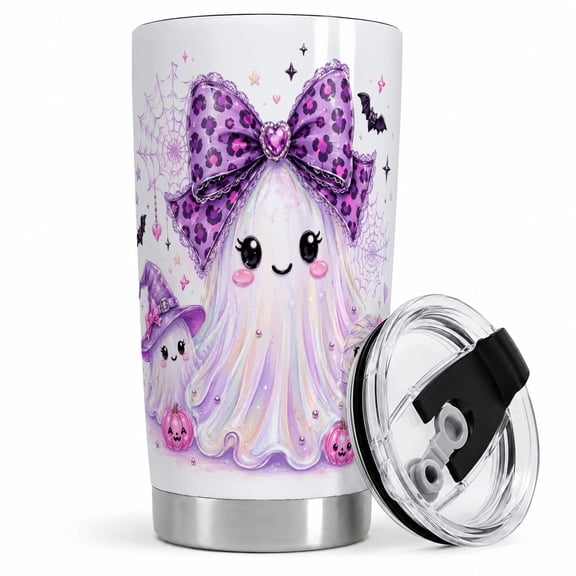 Cute Ghost Trio 20oz Tumbler with Purple Bow Halloween Art 20oz tumbler with cute ghost trio, purple bow, witch hat, mummy, pumpkins, bats, and spiderwebs