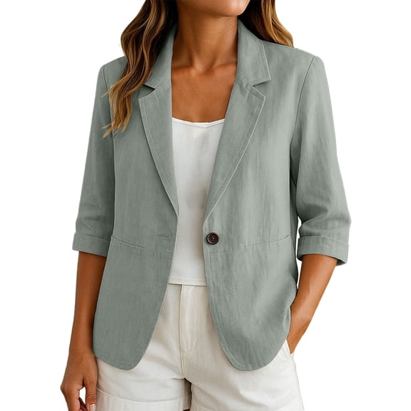 KyCheLot Cotton Linen Blazer for Women 3/4 Sleeve Lapel Neck Single Button Blazers Dressy Trendy Work Blazers
