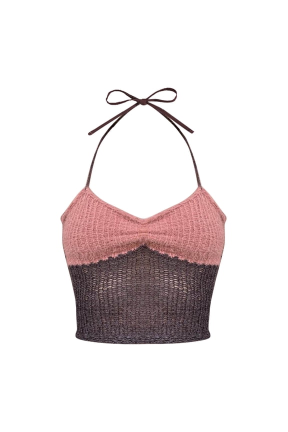 Women Halter Crochet Tops Sleeveless Knit Tank Tops Y2K Summer Crop Camisole Vest Top Coffee, L