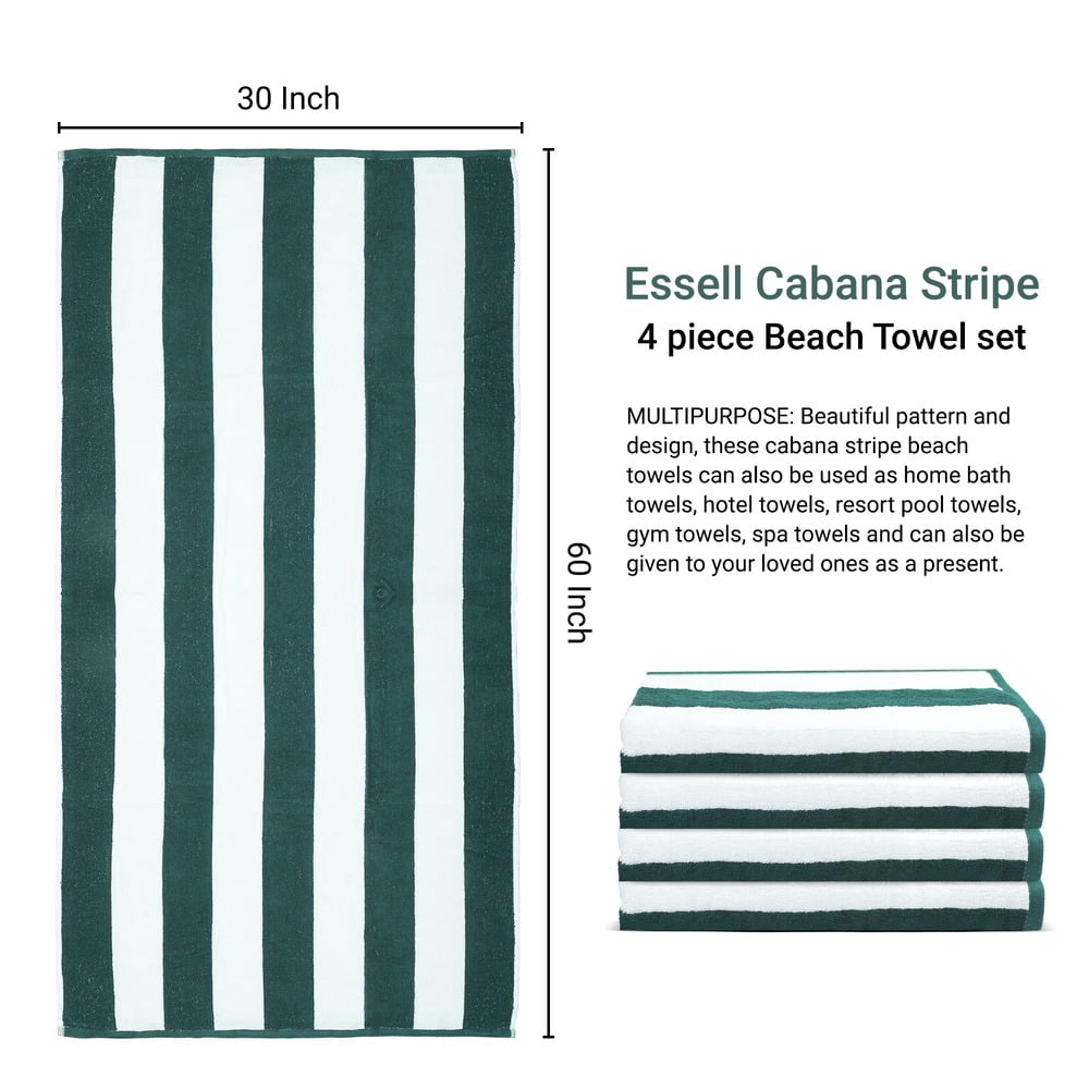 ESSELL 24/7 Cabana Stripe 4 Piece Beach Towel Set, 100% Cotton, Quick Dry, High Absorbent Bath Towel, Perfect for Pool, Travel, Swim, Parties, Guests, Daily Use, Extra Large, (30”X60”) - Hunter Green