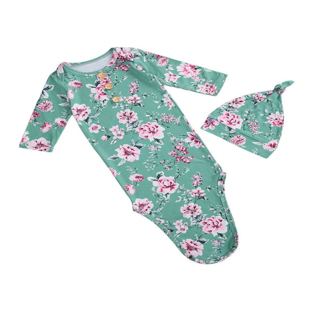 Ensemble de Sac de Couchage pour Bébé Grenouillère Nouveau-Né Manches Longues Col Ras du Cou Imprimé de Fleurs Bonnet de Couchage Langes Sac de Couchage