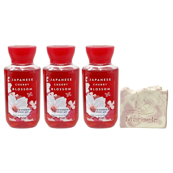 Bath & Body Works Japanese Cherry Blossom - 3 Pack Travel Size - Shower Gel With a Himalayan Salts Springs Sample Soap.