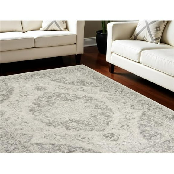 HomeRoots 551394 9 x 12 ft. Floral Medallion Distressed Rectangle Area Rug, Ivory & Gray