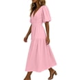 thumbnail image 7 of QUNYINEY Puff Short Sleeve Summer Dresses for Women Pink Flowy Casual Long A Line Dress V Neck Pleated Loose Fit Vacation Dresses, 7 of 7