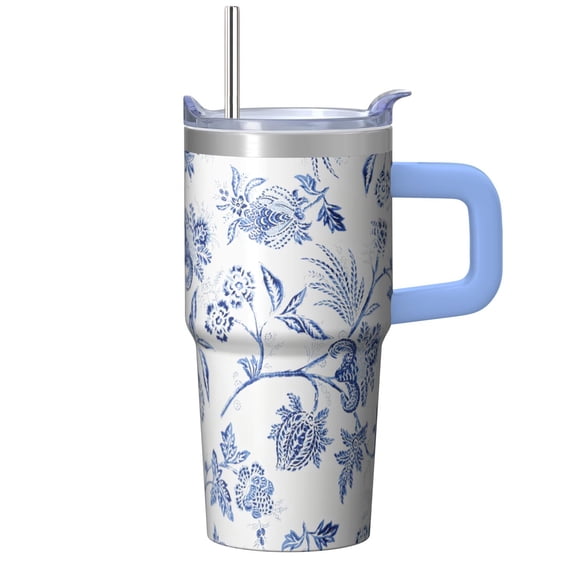 20oz Floral Travel Mug with Handle, Double Wall Insulated Stainless Steel Tumbler for Coffee Tea, Leak-Proof Lid, Gift for Her