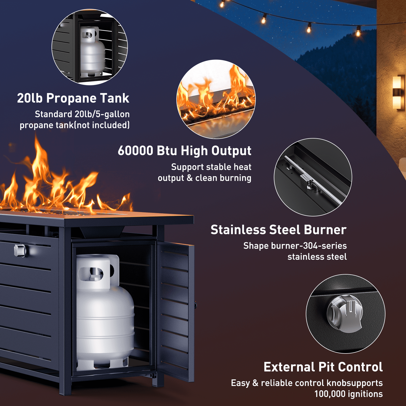 Philergo 43" Rectangular Gas Fire Pit Table, 60,000 BTU Propane Fire Pits for Outside with Lid and Lava Rock