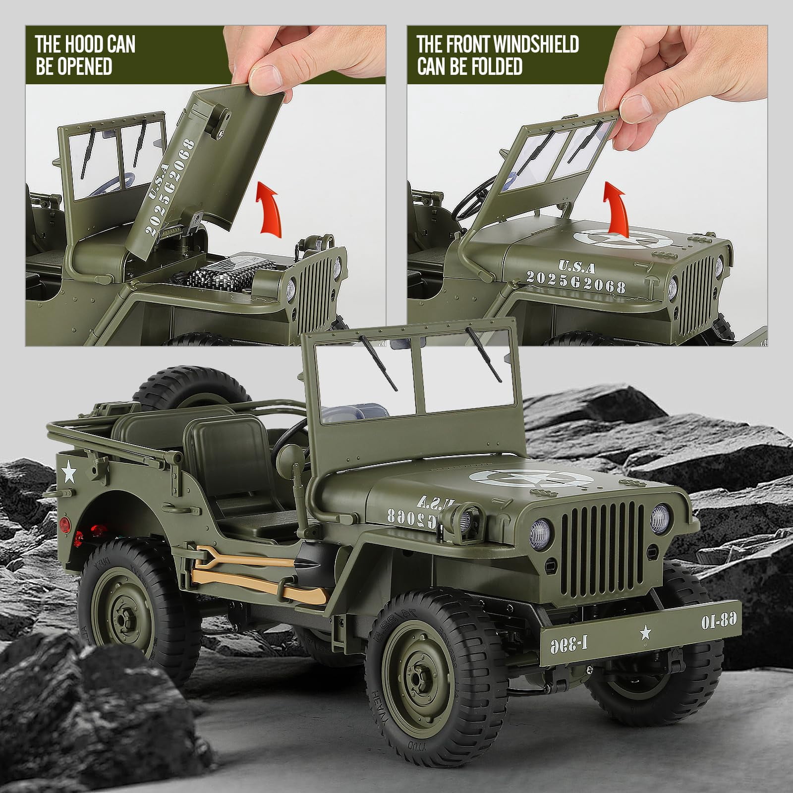 C8815 Remote Control Truck Off Road - 4x4 1/10 Scale Willys Army Rock Crawler RC Truck with Winch&Car Cover, All Terrain Offroad RC Car