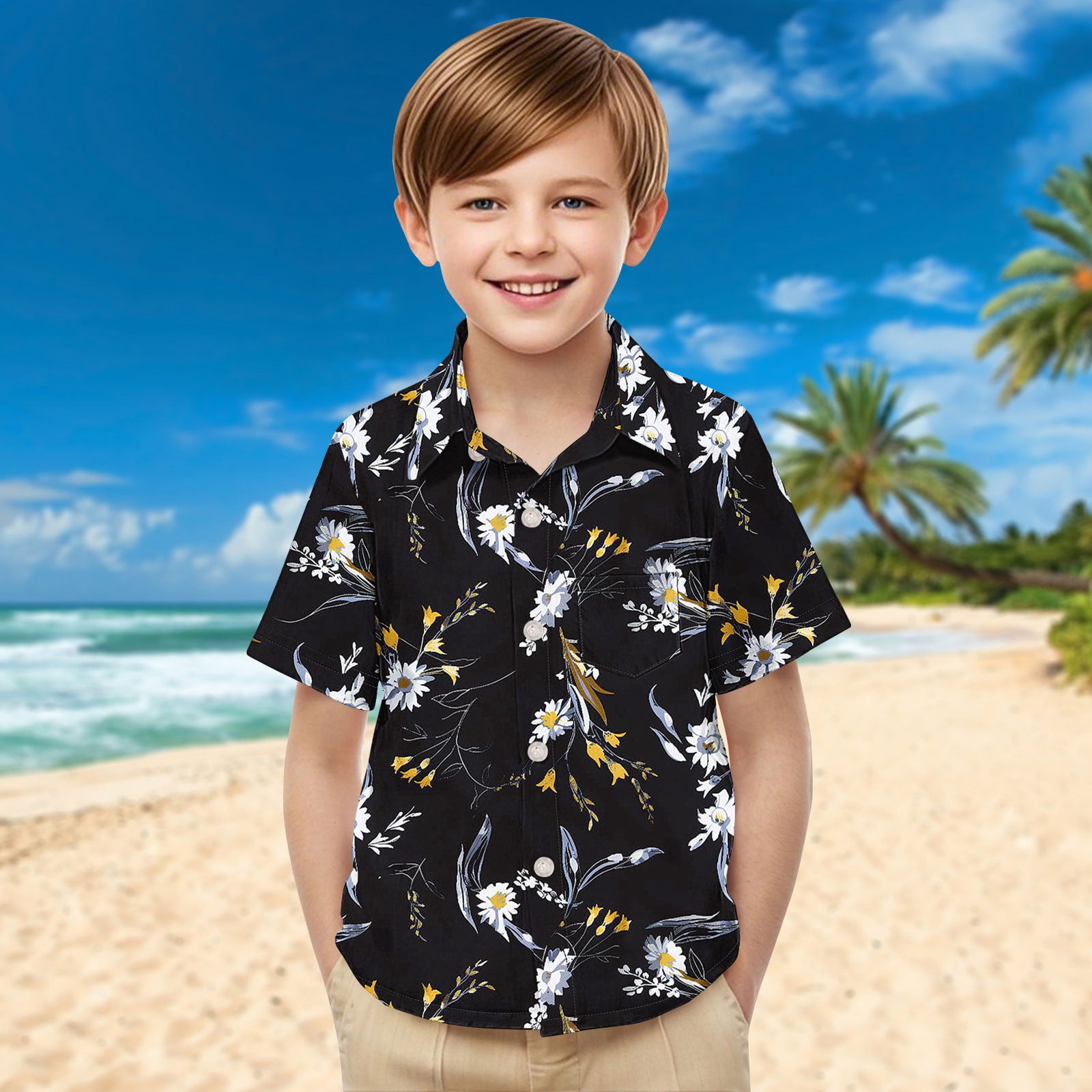 Tdoqot Boys Hawaiian Shirts with Pocket- Short Sleeve Button Down Summer Casual Kids Beach Shirts Vacation Clothes Black Size 10