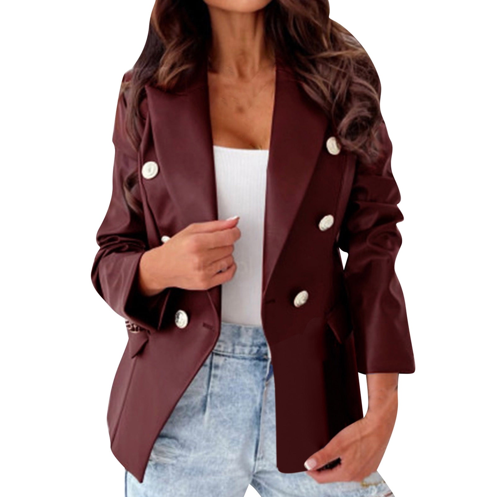 Brnmxoke Double Breasted Buttons Faux Leather Blazer Women Long Sleeve Coat Notch Collar Leather Jacket Women