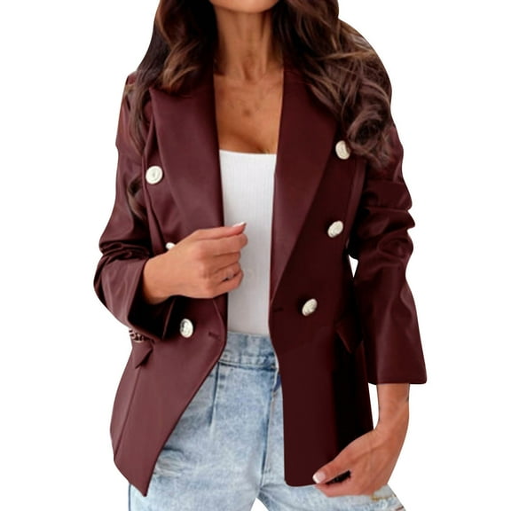 FAVIPT Womens Leather Jackets Double Breasted Buttons Faux Leather Blazer Women Long Sleeve Coat Notch Collar Leather Jacket for Women